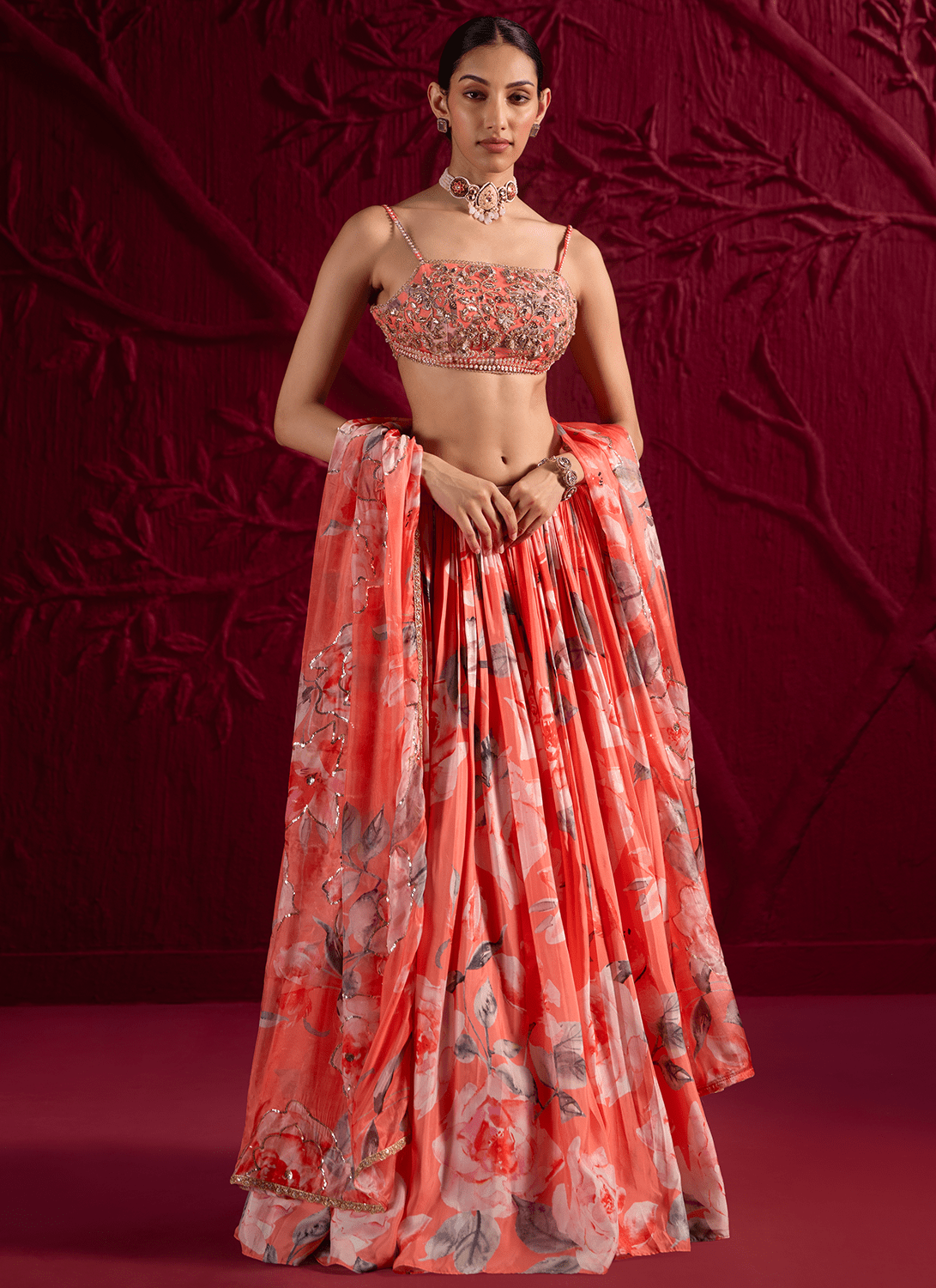 Coral Floral Embroidered Viscose Satin Georgette Lehenga