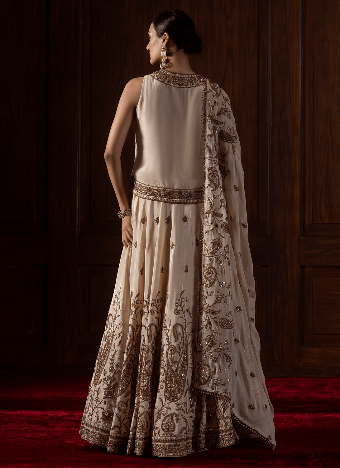 Cream Embroidered Viscose Silk Lehenga