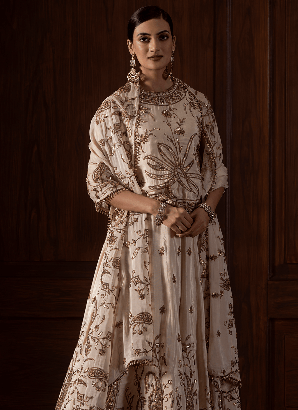 Cream Embroidered Viscose Silk Lehenga