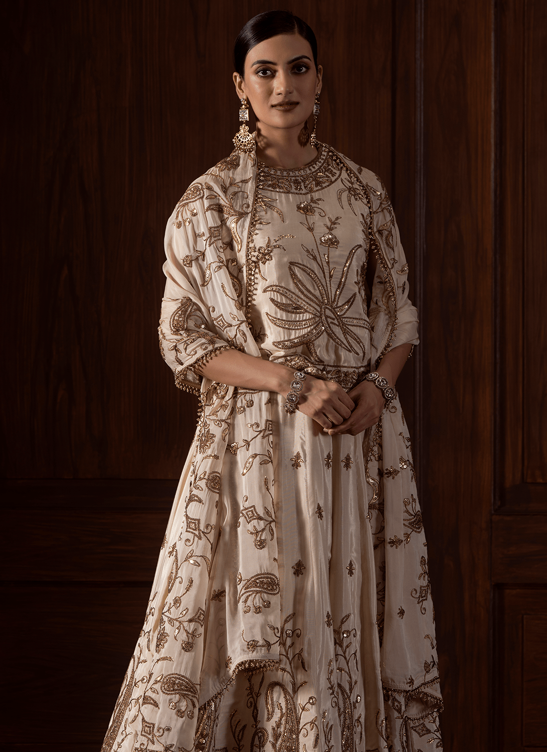 Cream Embroidered Viscose Silk Lehenga