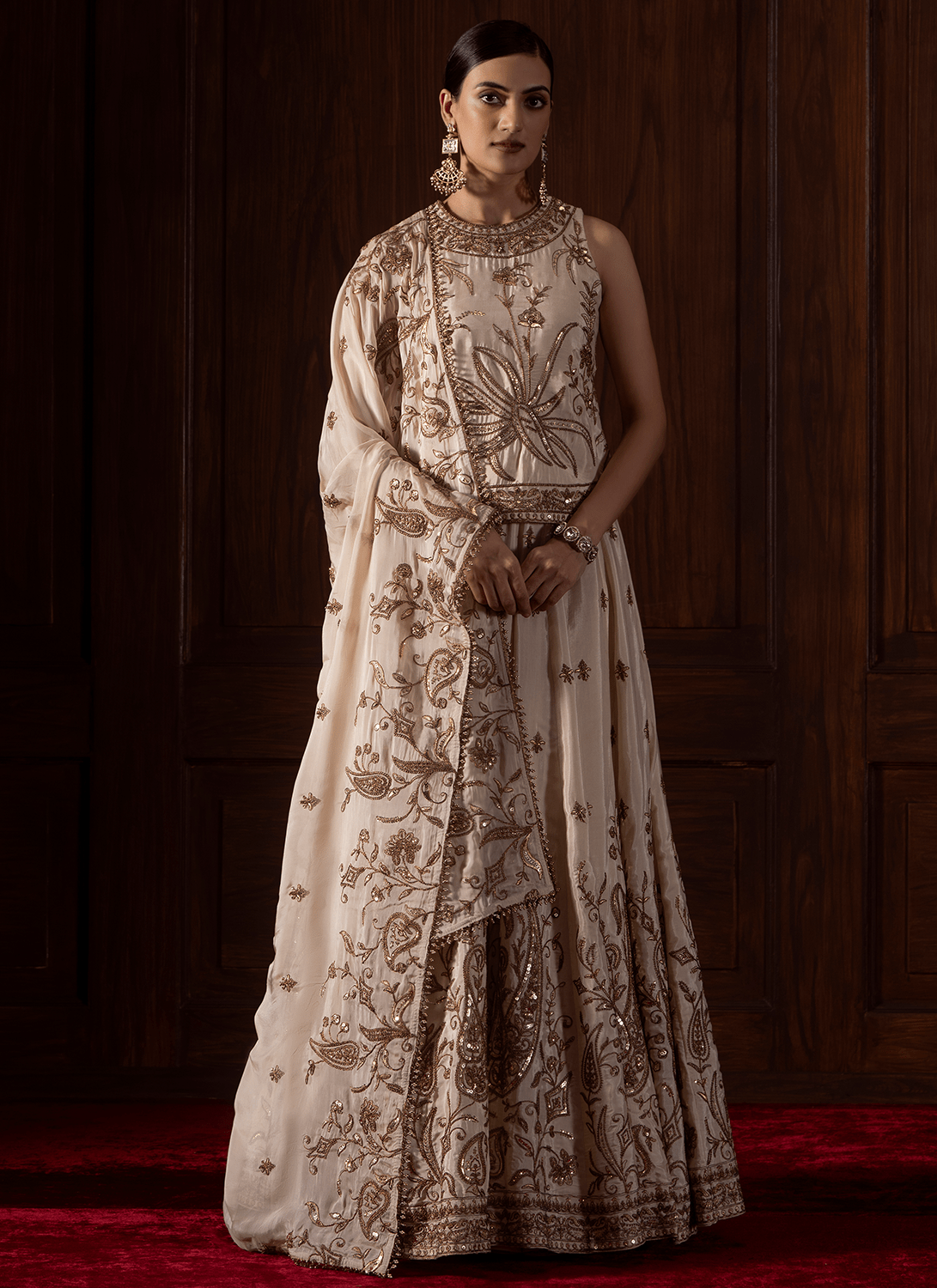 Cream Embroidered Viscose Silk Lehenga