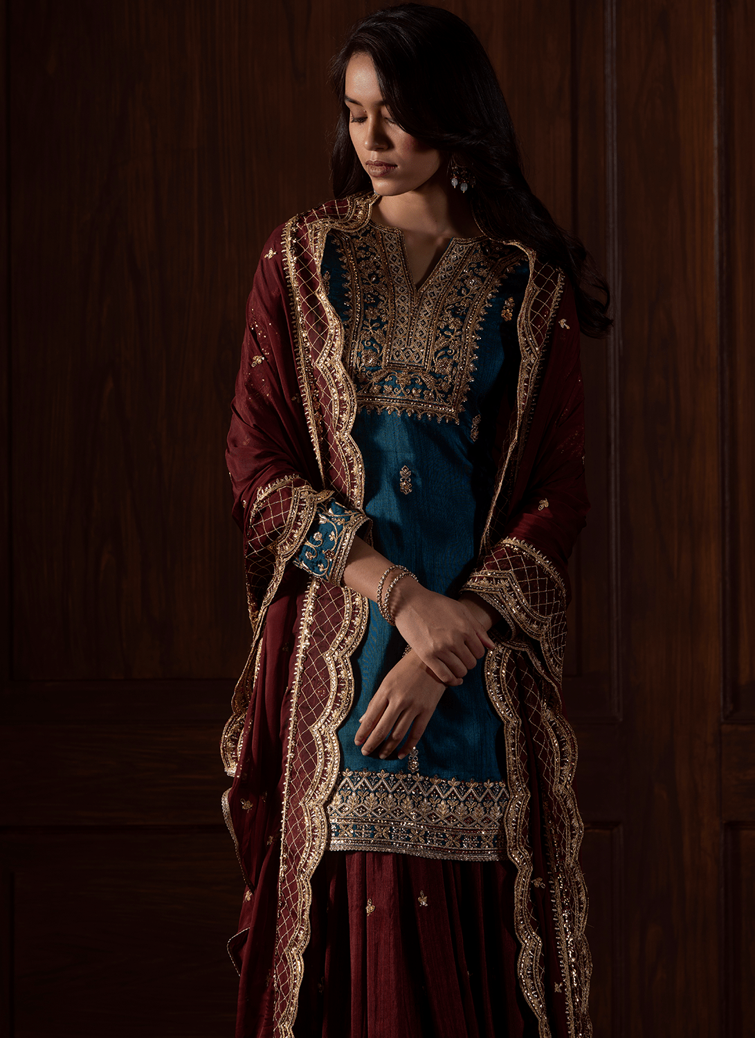 Dark Teal and Plum Embroidered Silk Sharara