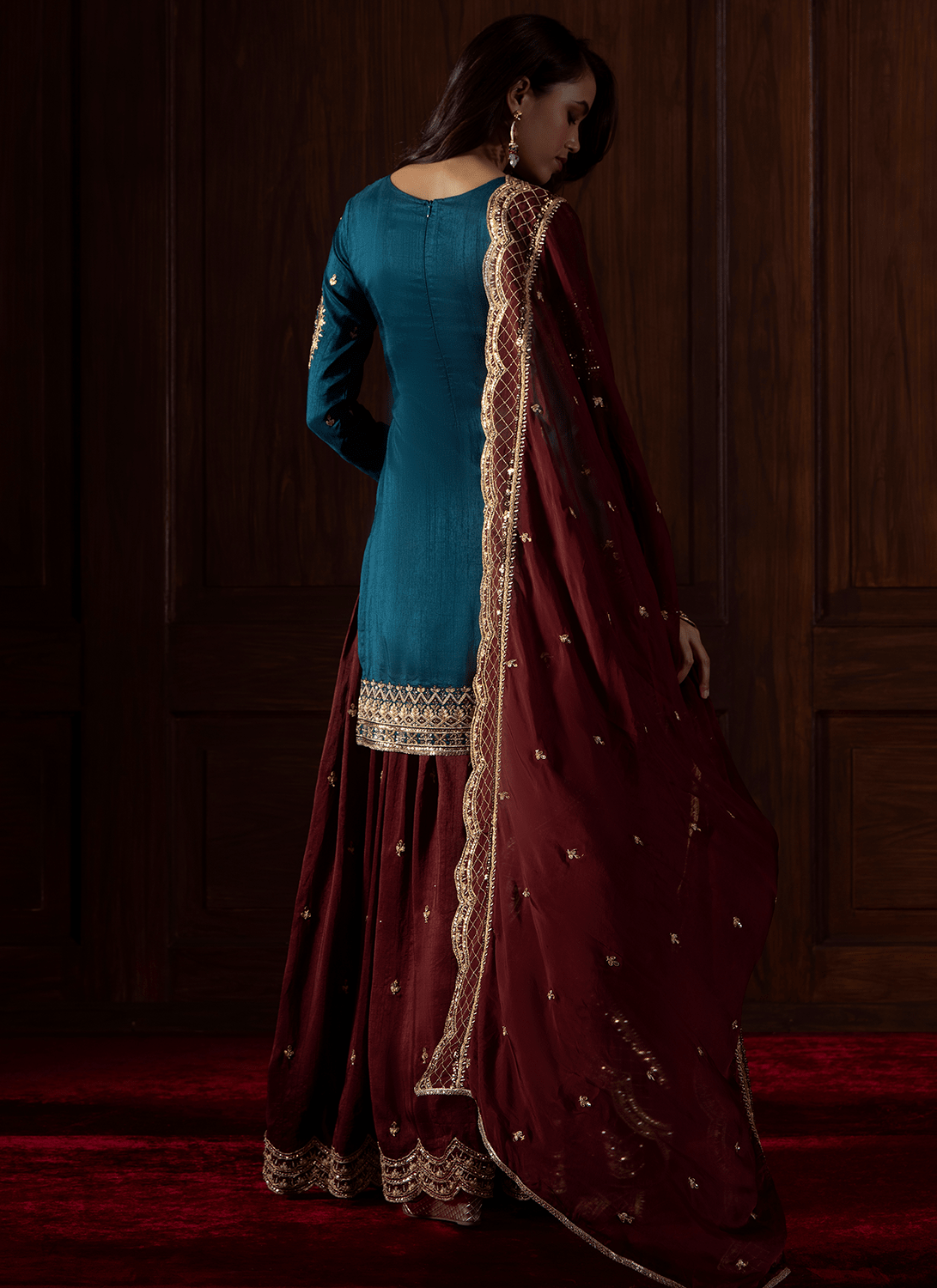 Dark Teal and Plum Embroidered Silk Sharara