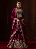 Deep Wine and Teal Embroidered Silk Lehenga