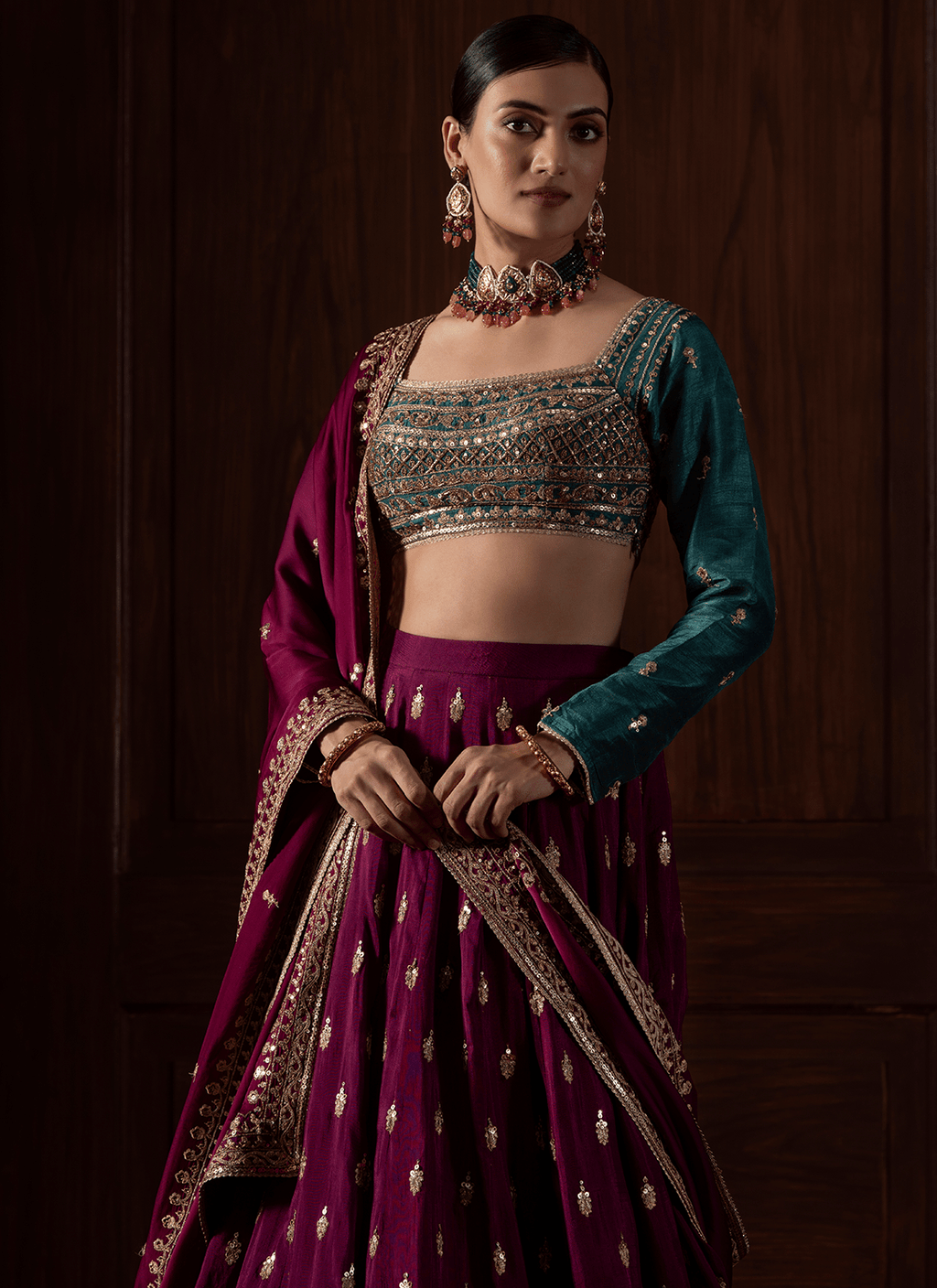 Deep Wine and Teal Embroidered Silk Lehenga