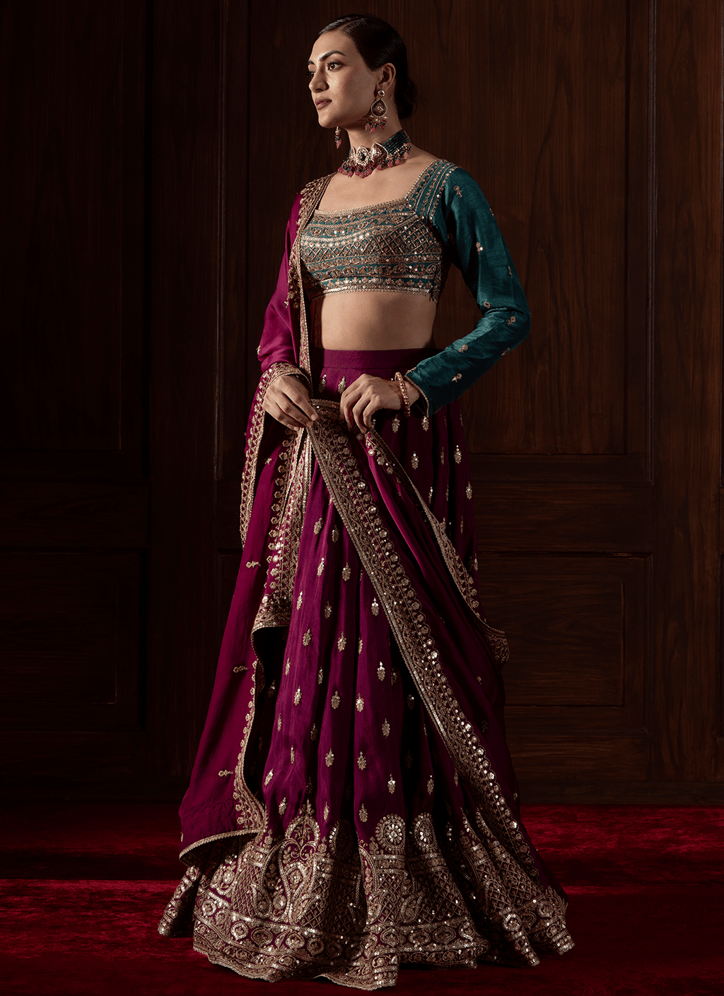 Deep Wine and Teal Embroidered Silk Lehenga