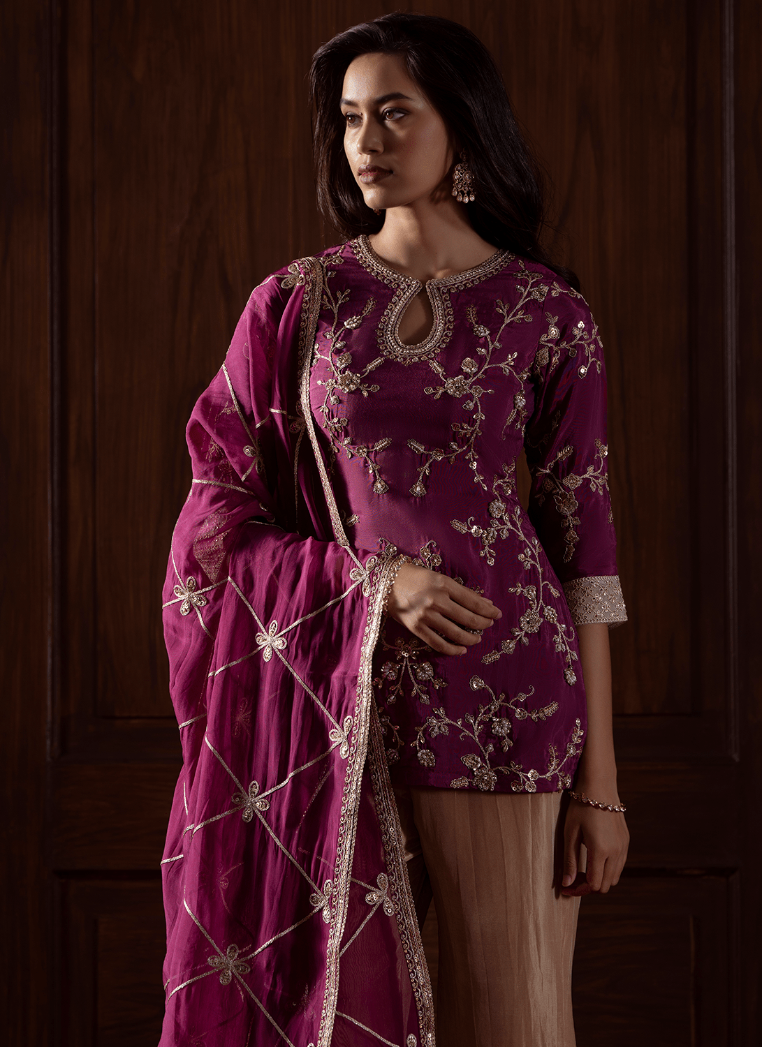 Deep Wine Embroidered Viscose Silk Pant Suit
