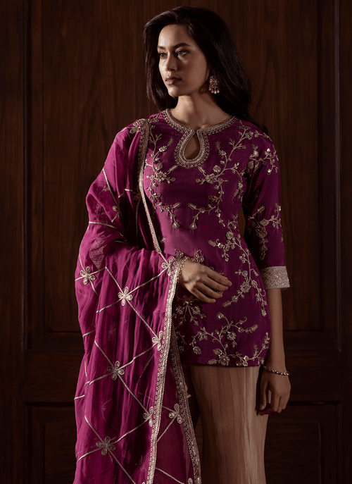 Deep Wine Embroidered Viscose Silk Pant Suit