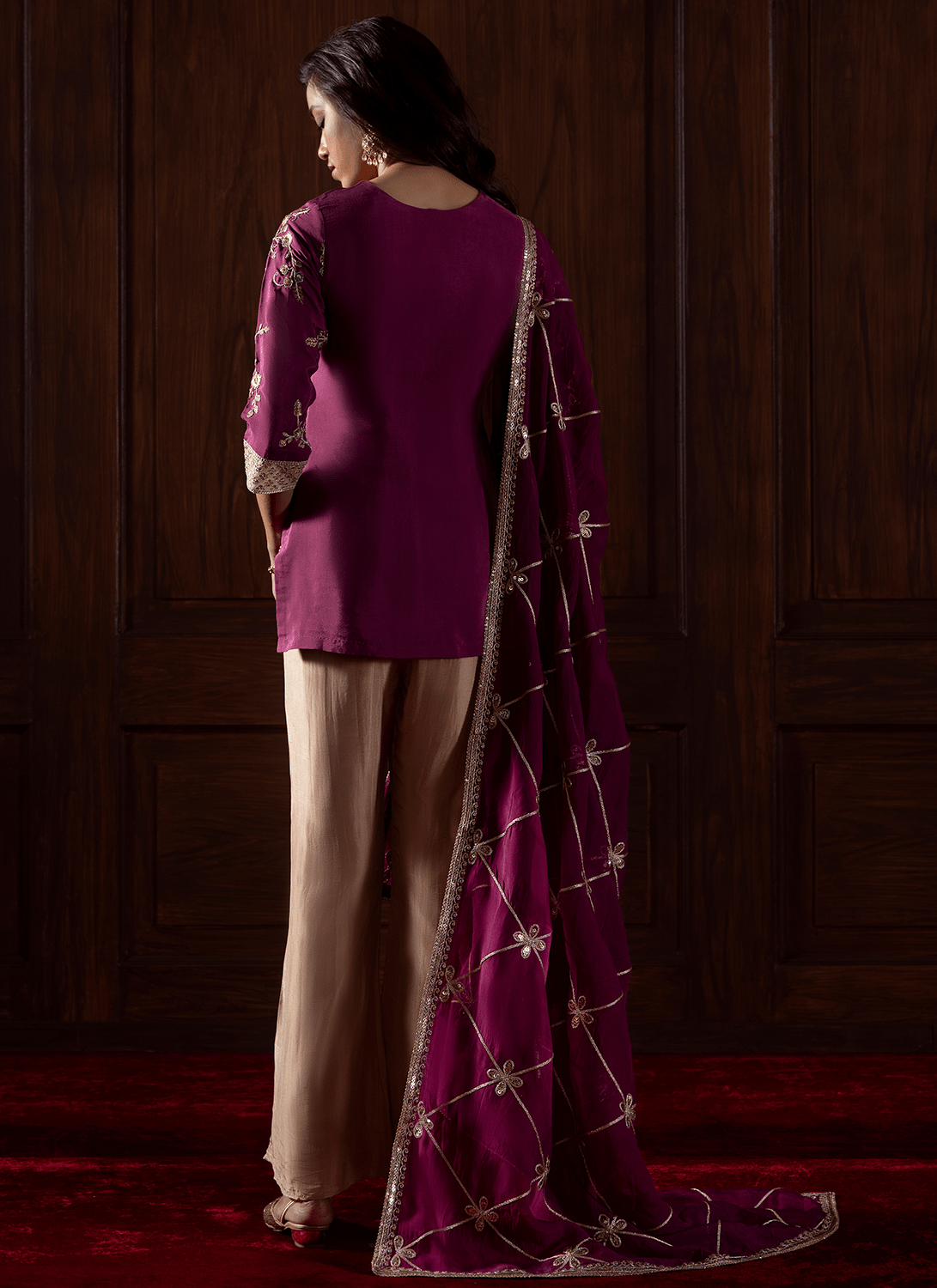 Deep Wine Embroidered Viscose Silk Pant Suit