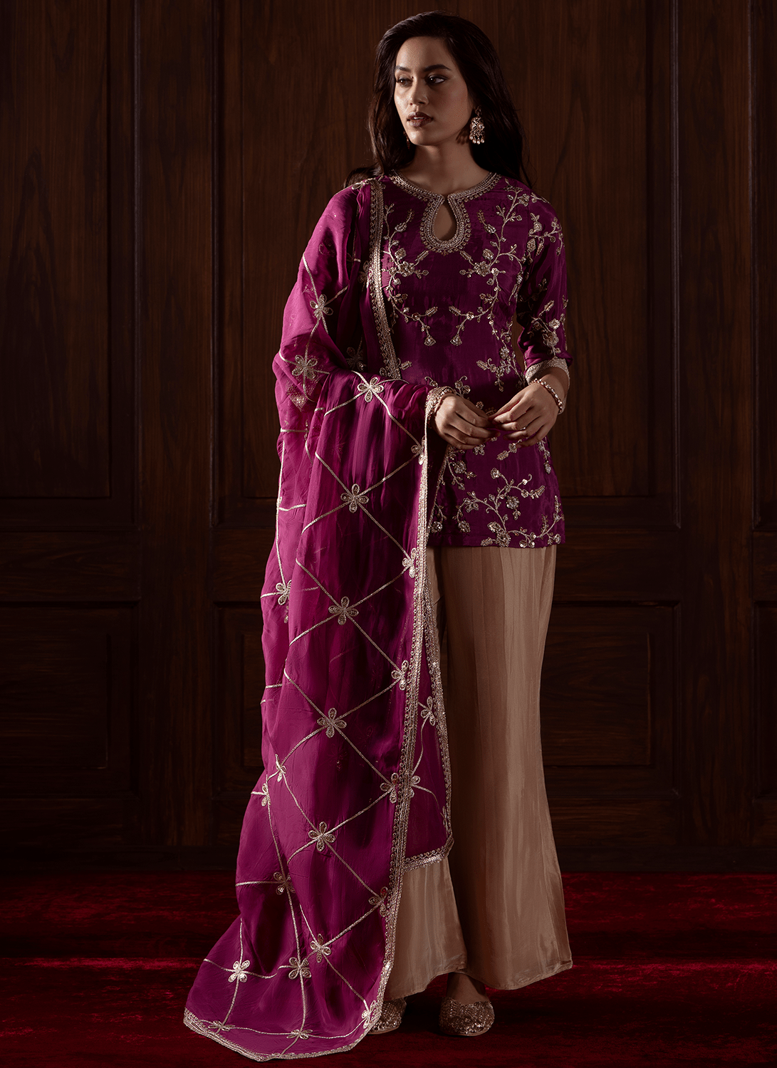 Deep Wine Embroidered Viscose Silk Pant Suit