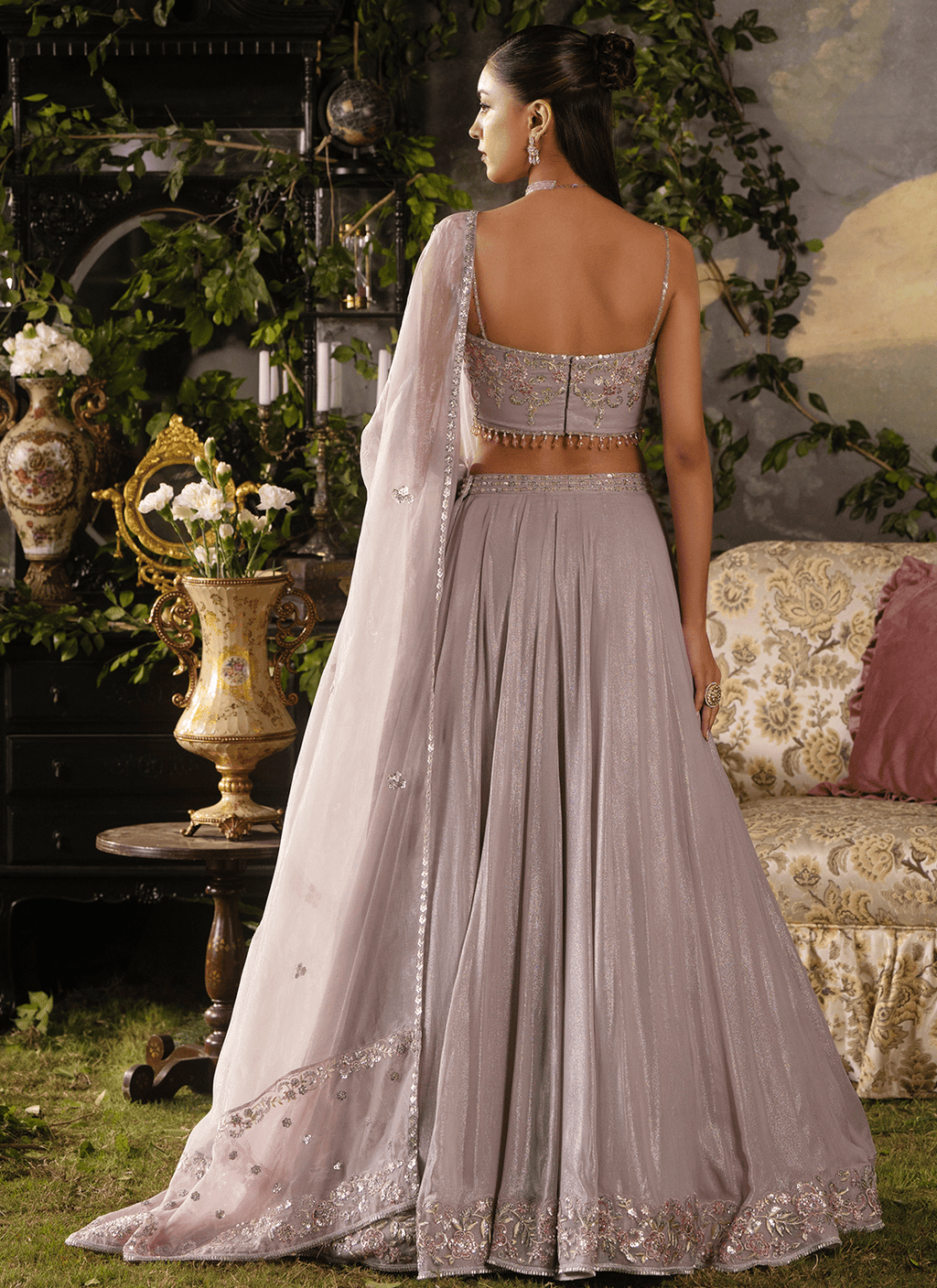Dusty Mauve Embroidered Georgette Corset Style Lehenga