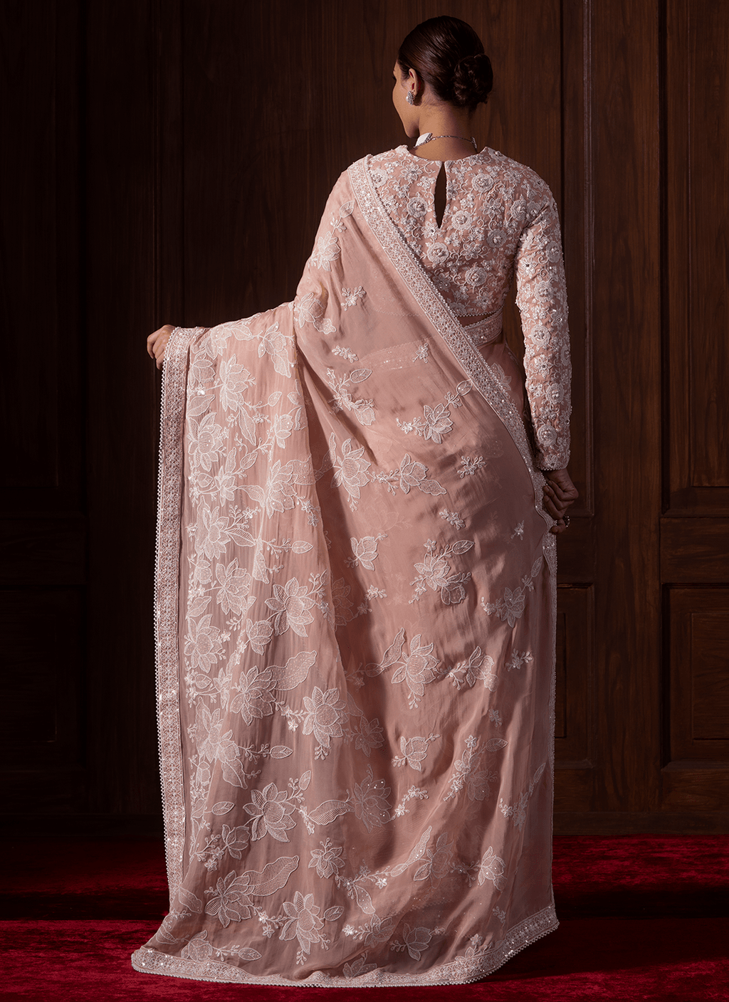 Dusty Peach Embroidered Viscose Organza Saree