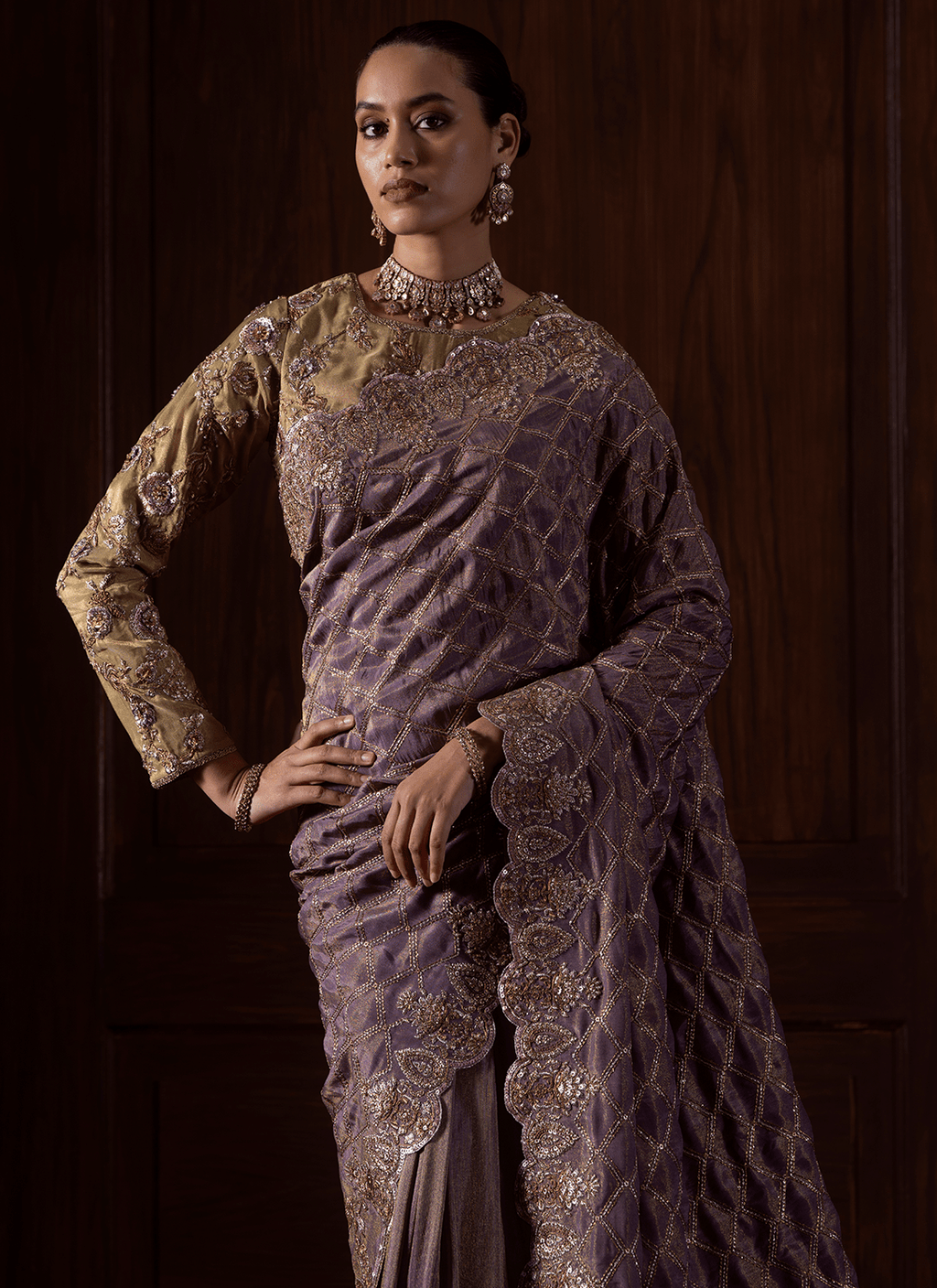 Dusty Purple Embroidered Tissue Organza Saree