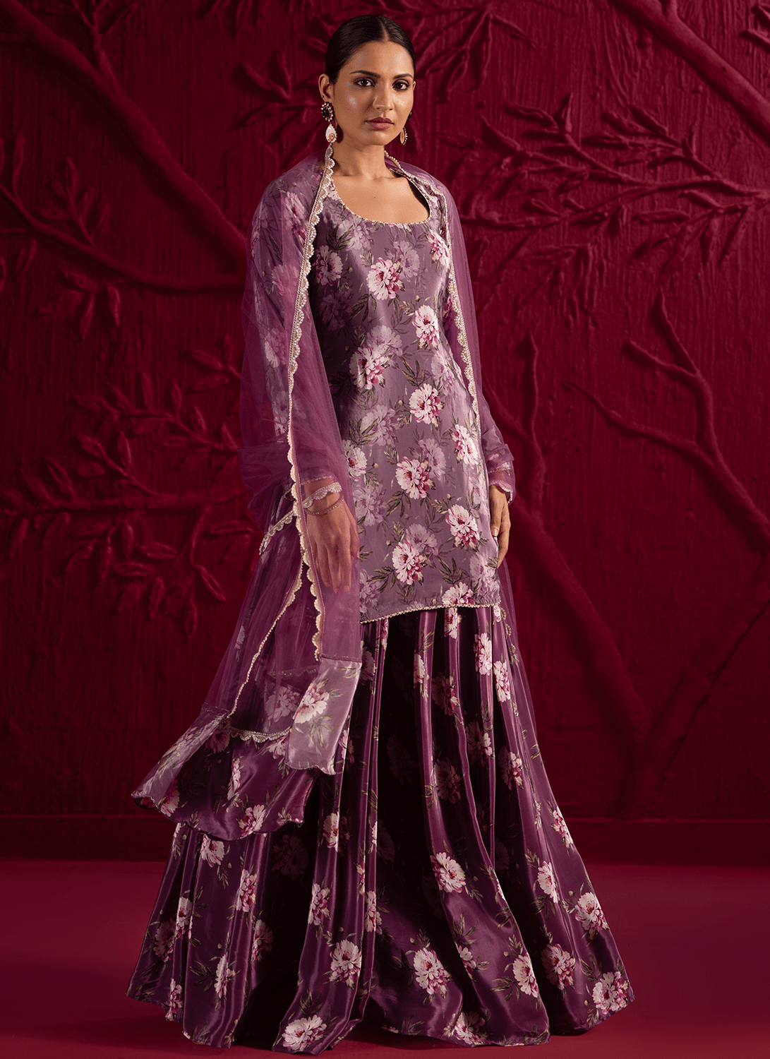 Dusty Purple Floral Embroidered Sharara Suit