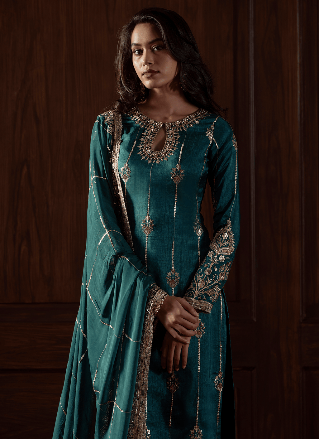Emerald Green Embroidered Silk Straight Suit