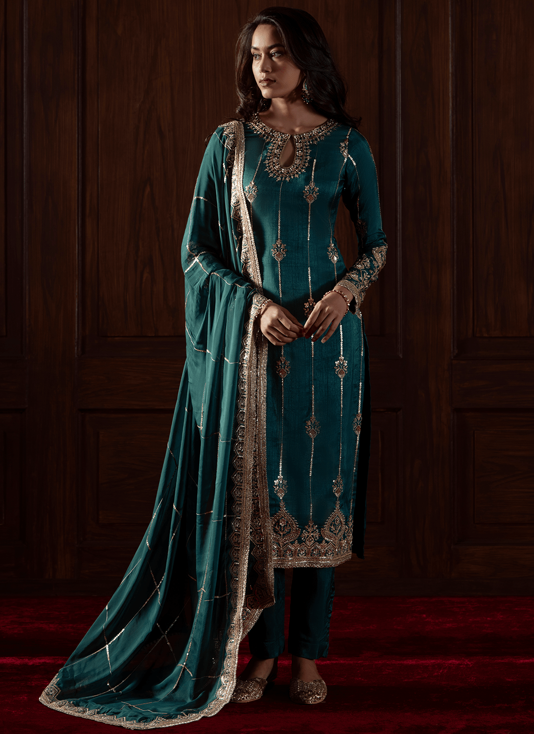Emerald Green Embroidered Silk Straight Suit