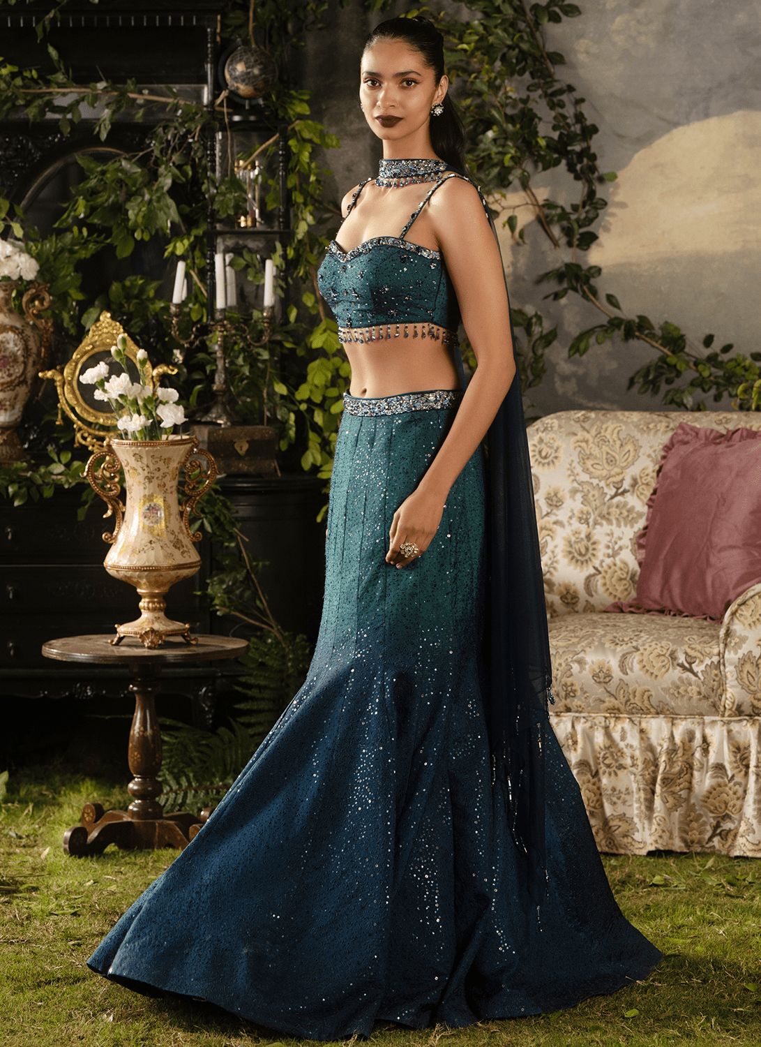 Emerald Teal Embroidered Silk Lehenga