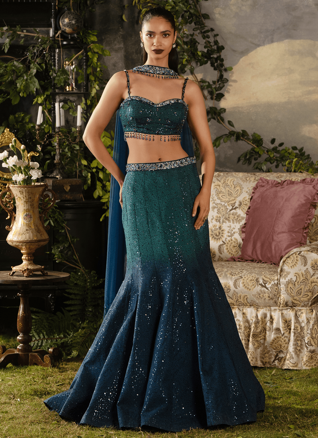 Emerald Teal Embroidered Silk Lehenga