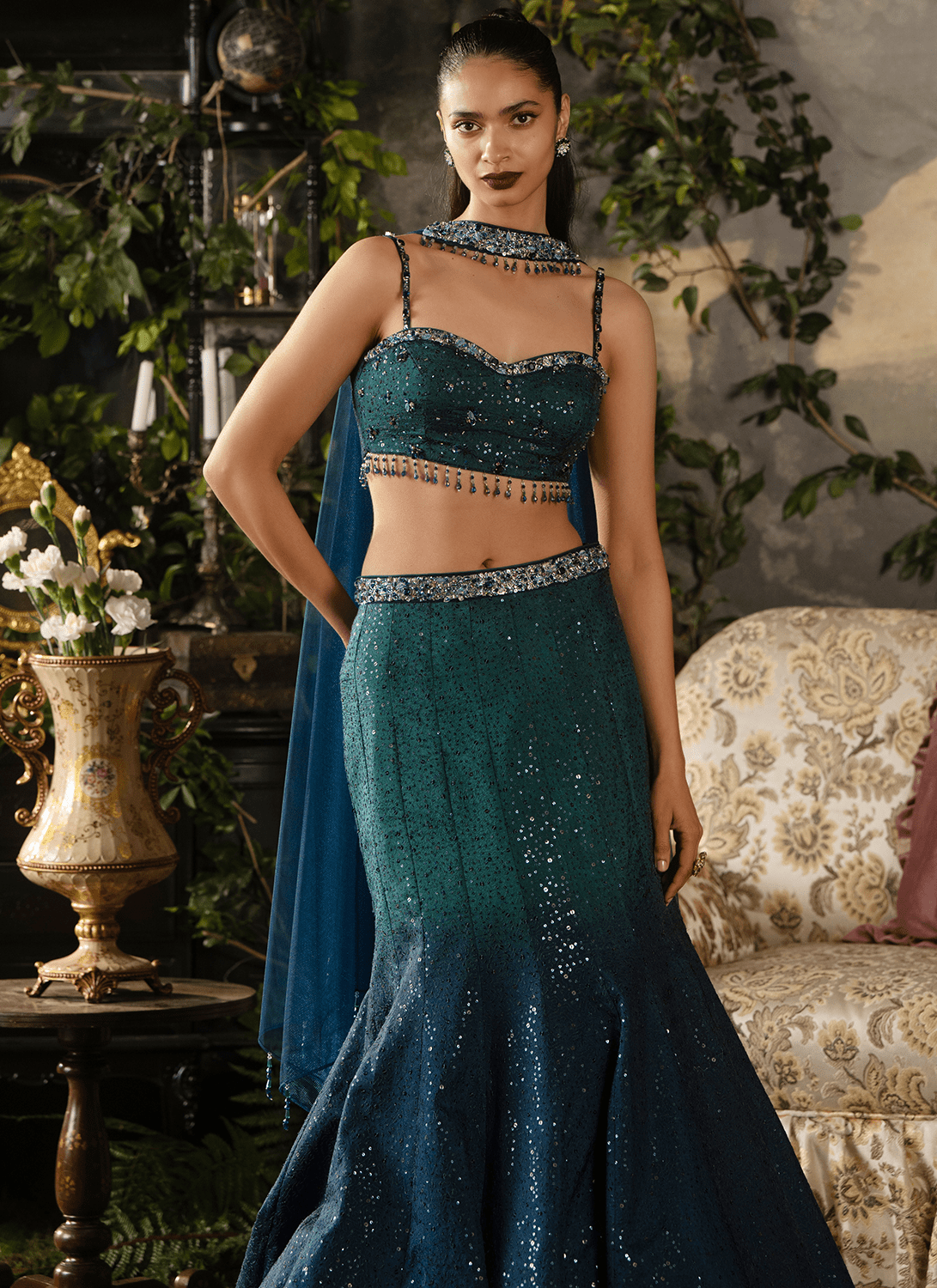 Emerald Teal Embroidered Silk Lehenga