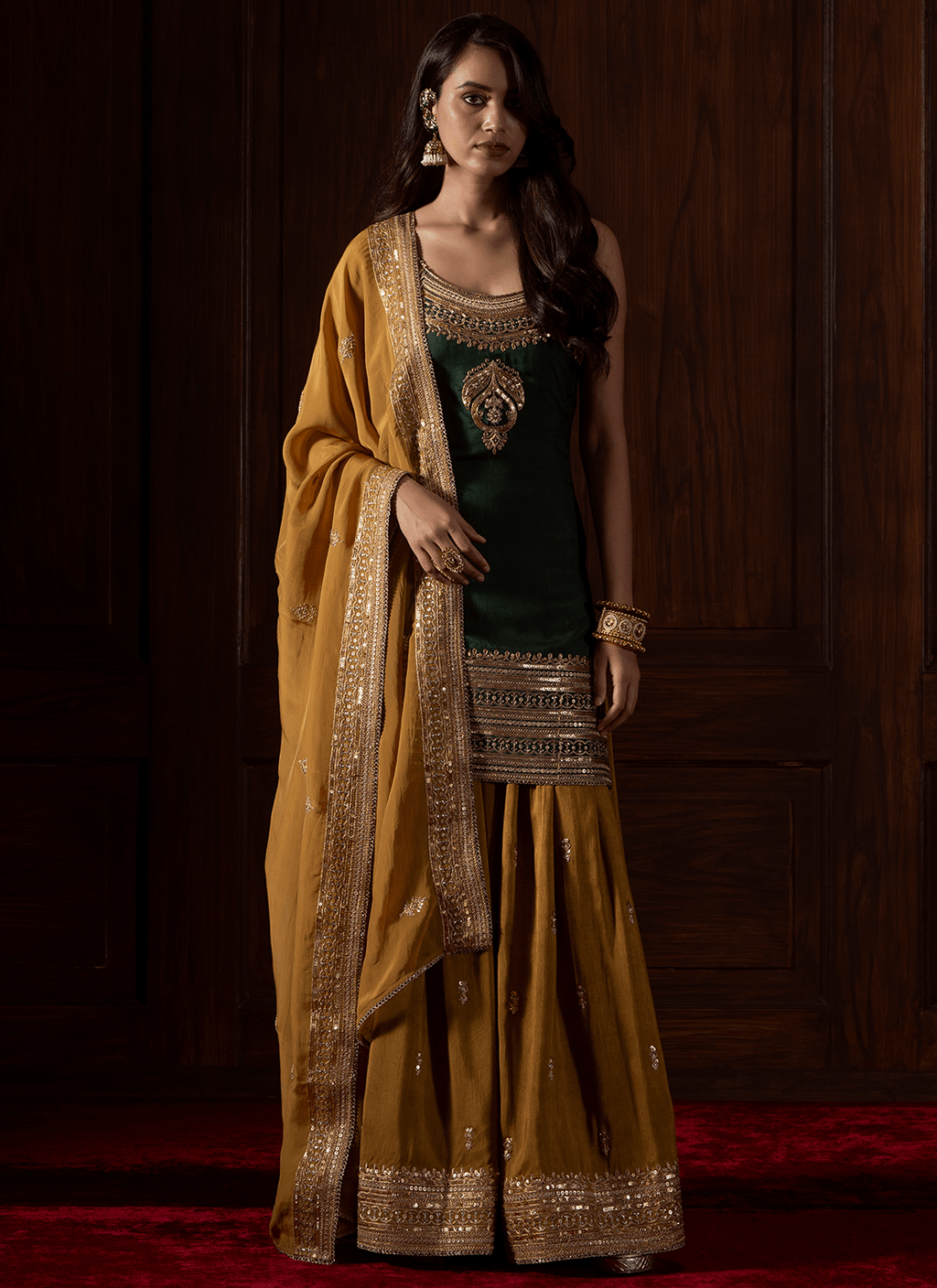 Green and Mustard Embroidered Silk Sharara