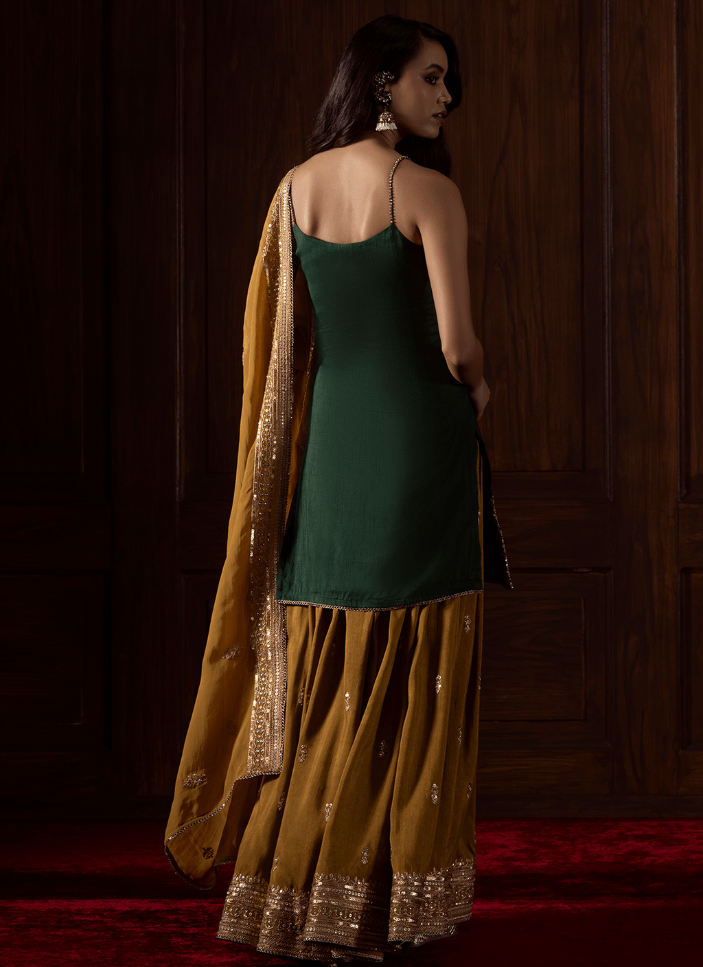 Green and Mustard Embroidered Silk Sharara
