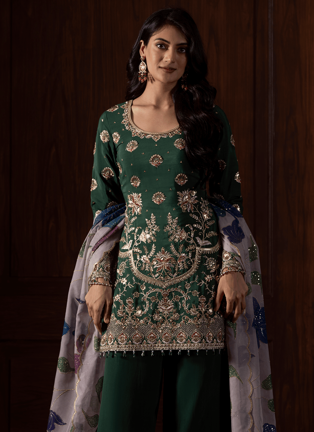 Green Embroidered Crepe Punjabi Suit