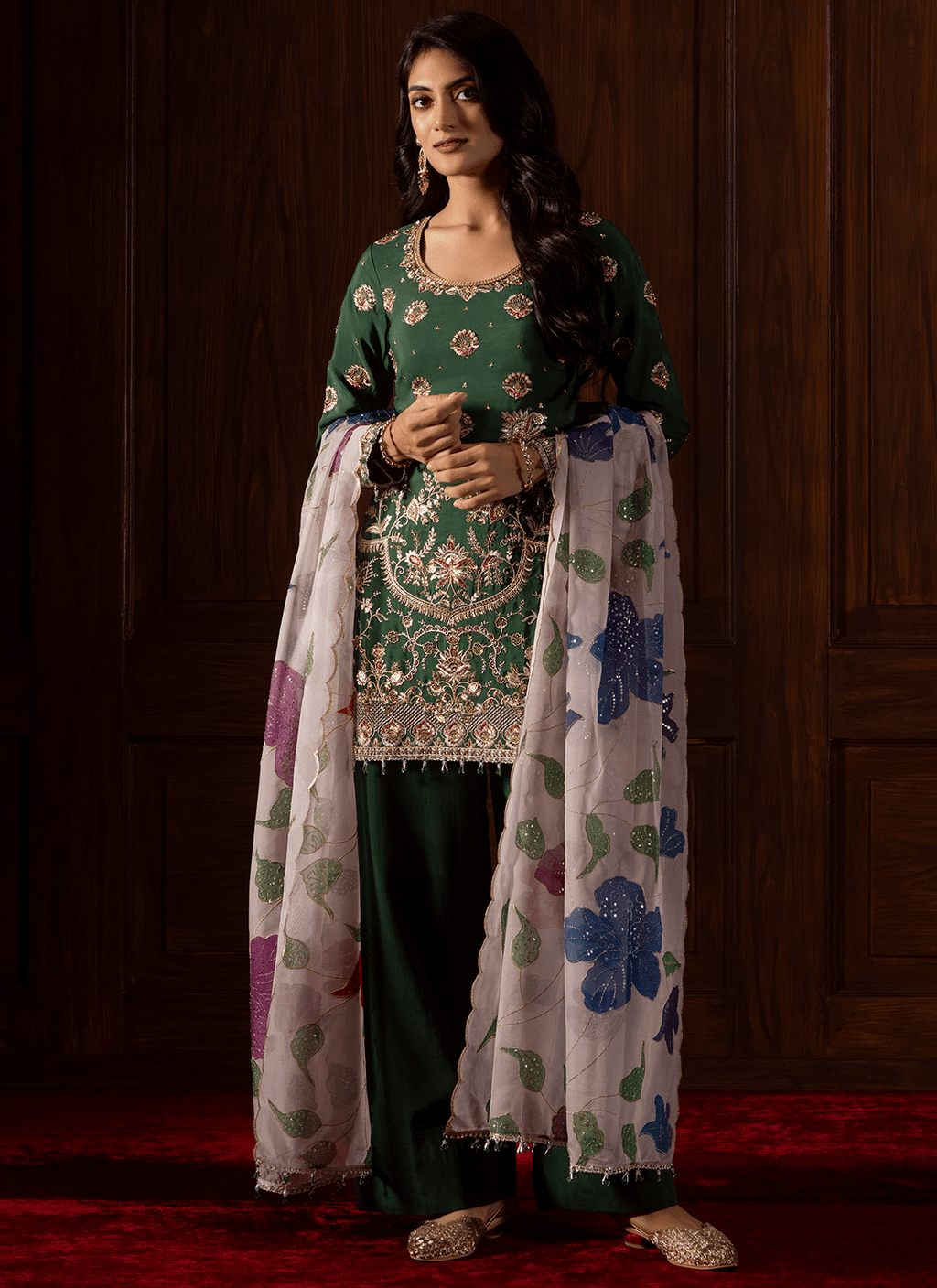 Green Embroidered Crepe Punjabi Suit
