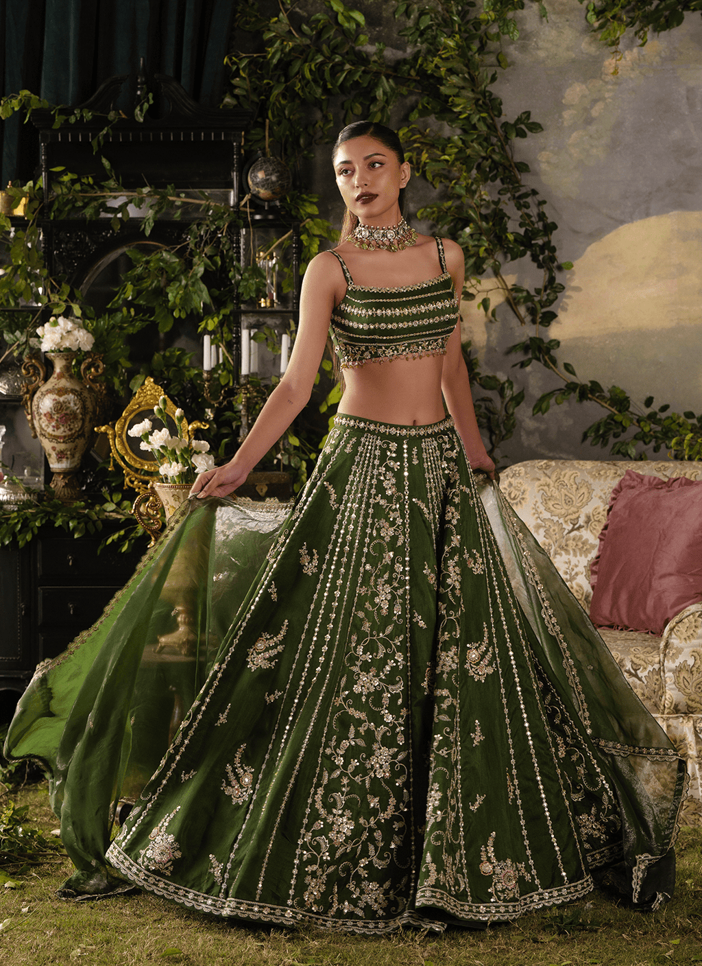 Green Embroidered Silk Lehenga