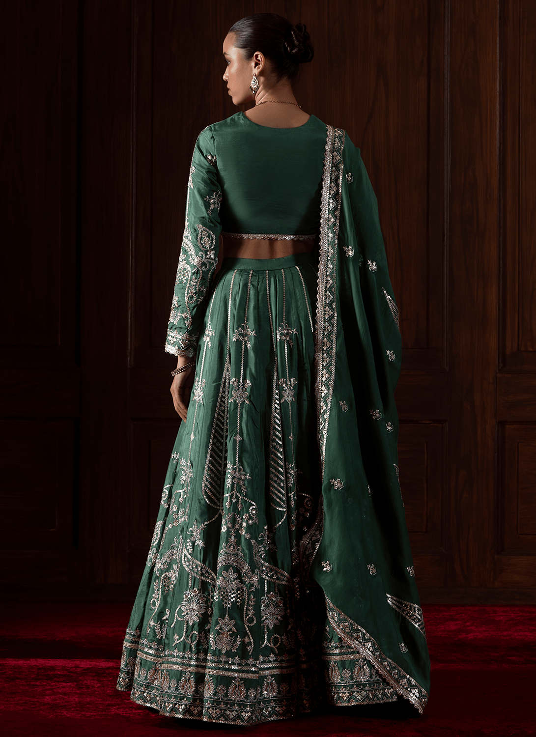Green Embroidered Silk Lehenga