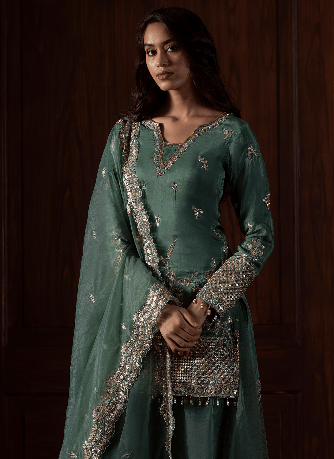 Green Embroidered Silk Sharara