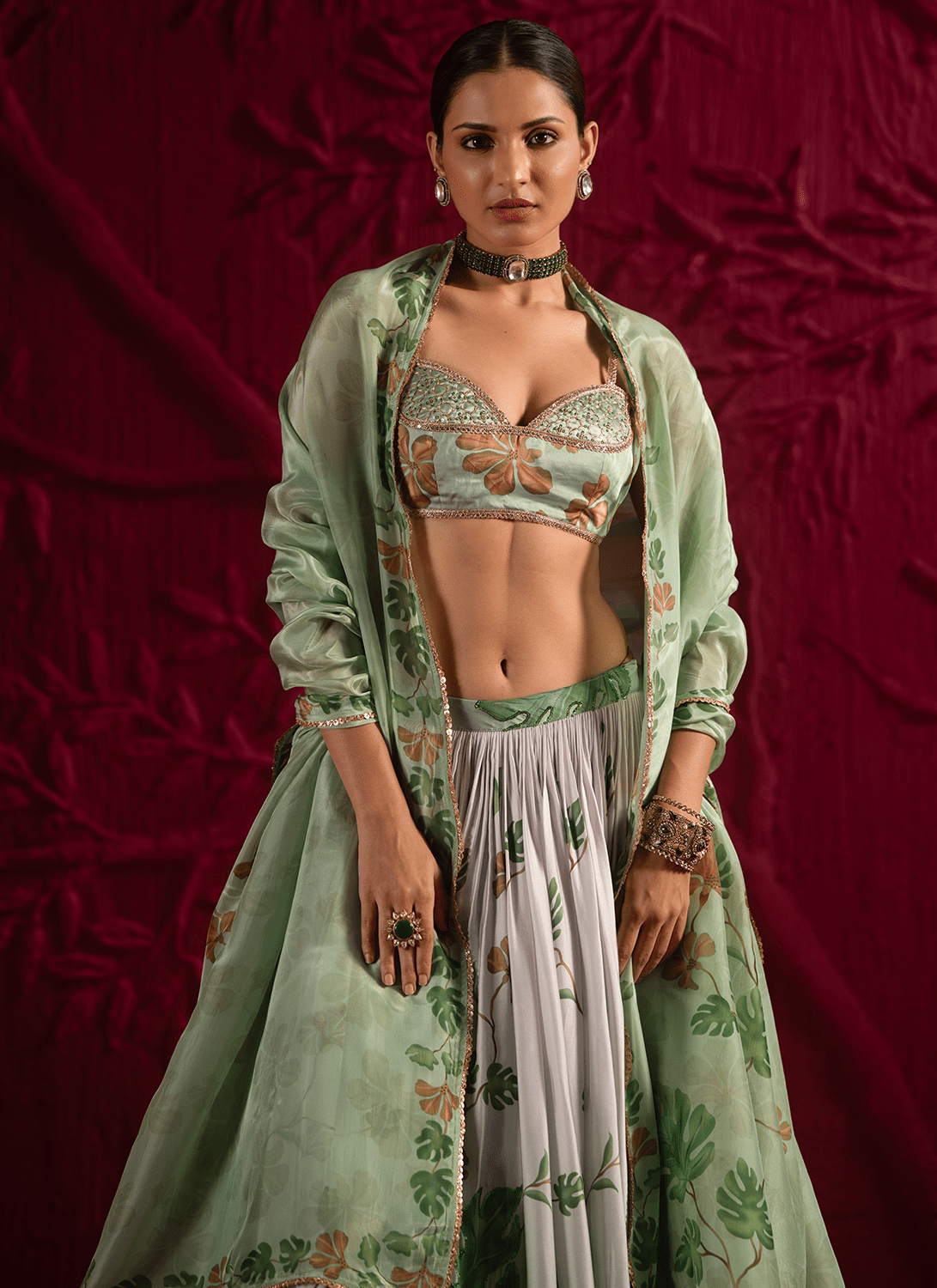 Green Floral Embroidered Satin Georgette Lehenga