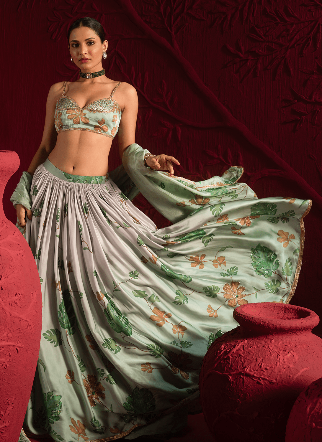 Green Floral Embroidered Satin Georgette Lehenga