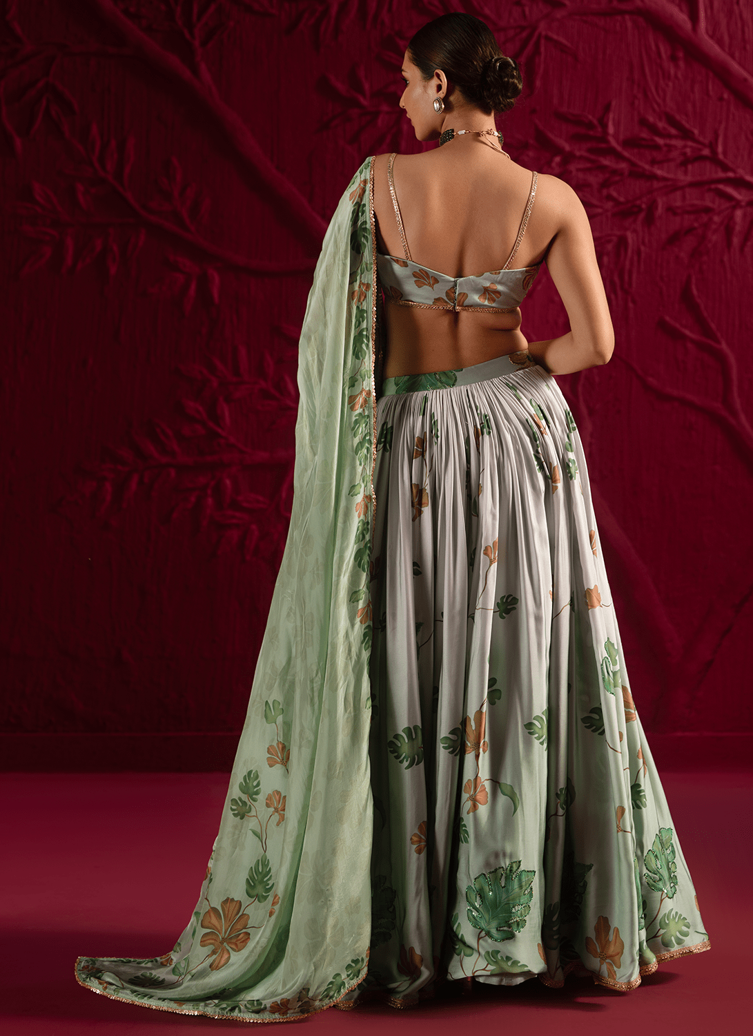 Green Floral Embroidered Satin Georgette Lehenga