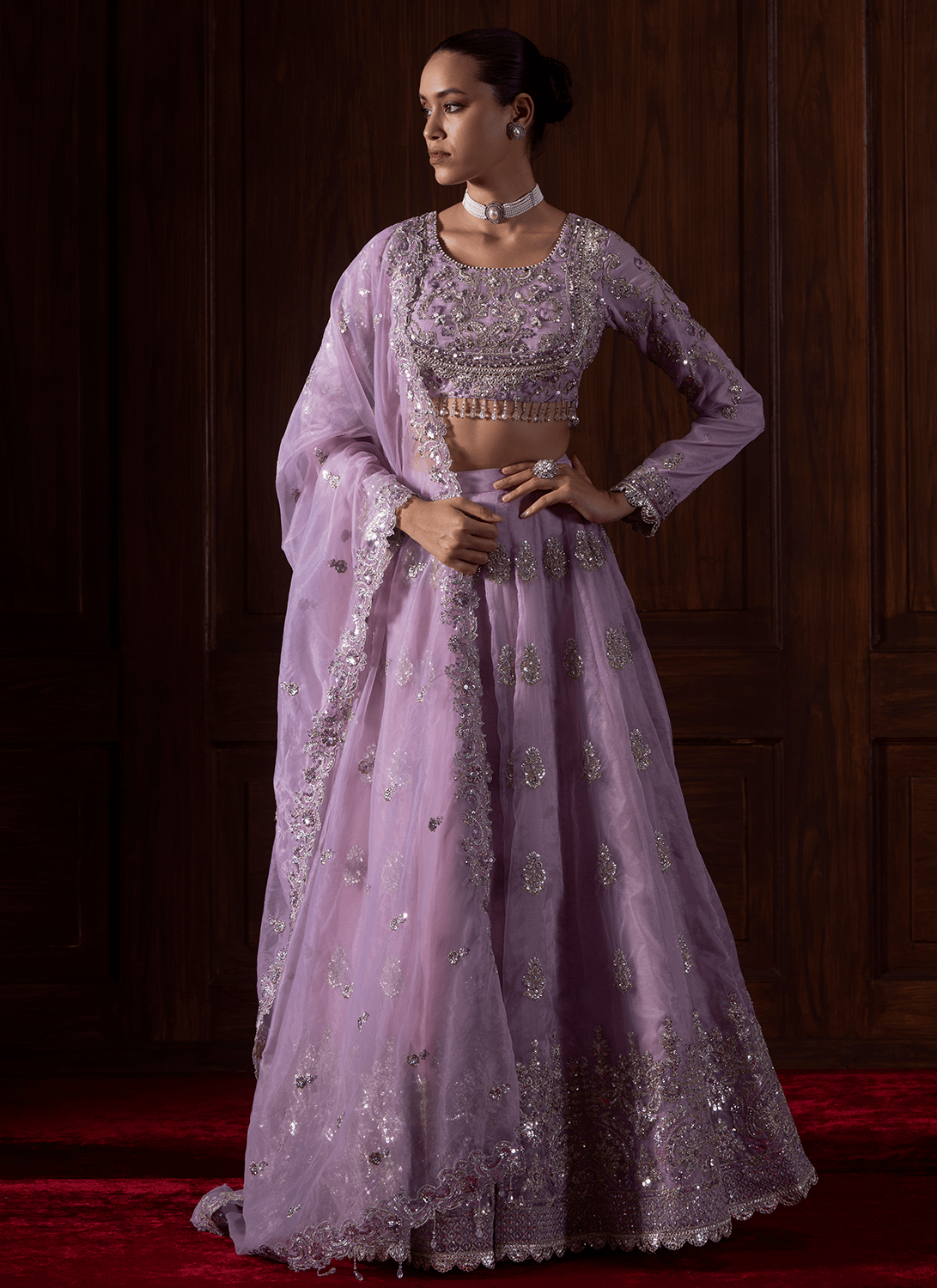 Lavender Embroidered Organza Lehenga