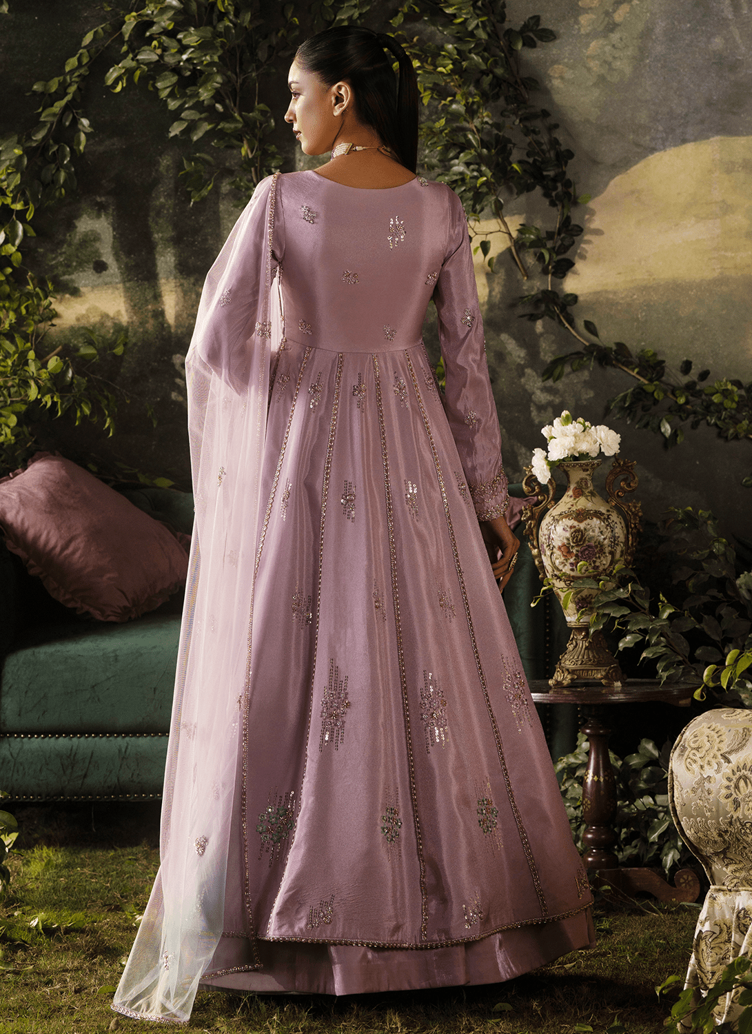 Lavender Embroidered Tissue Anarkali