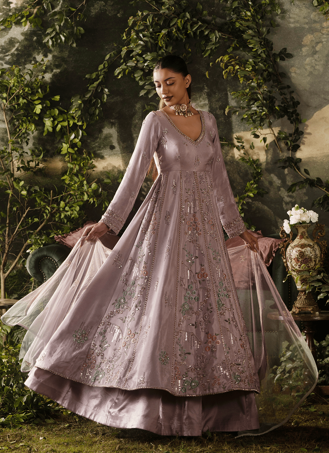Lavender Embroidered Tissue Anarkali