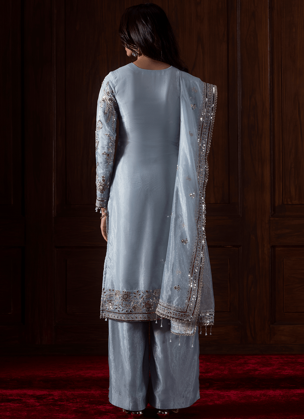 Light Blue Embroidered Silk Palazzo Suit