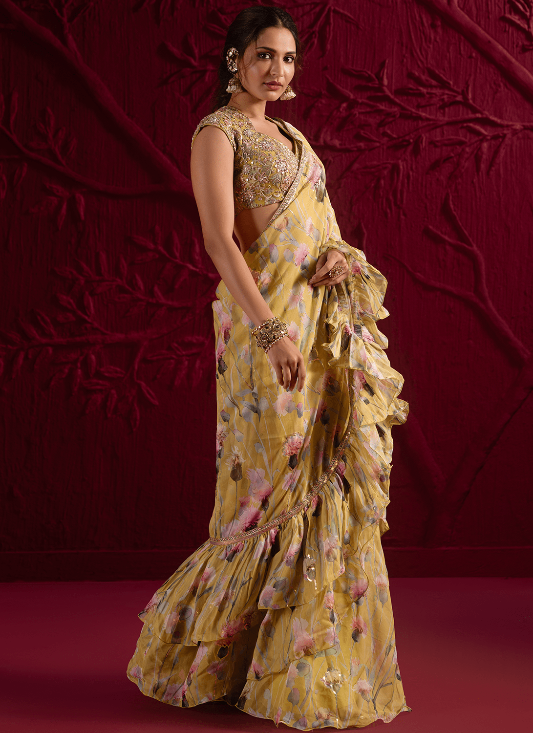Light Dusty Green Floral Embroidered Organza Saree