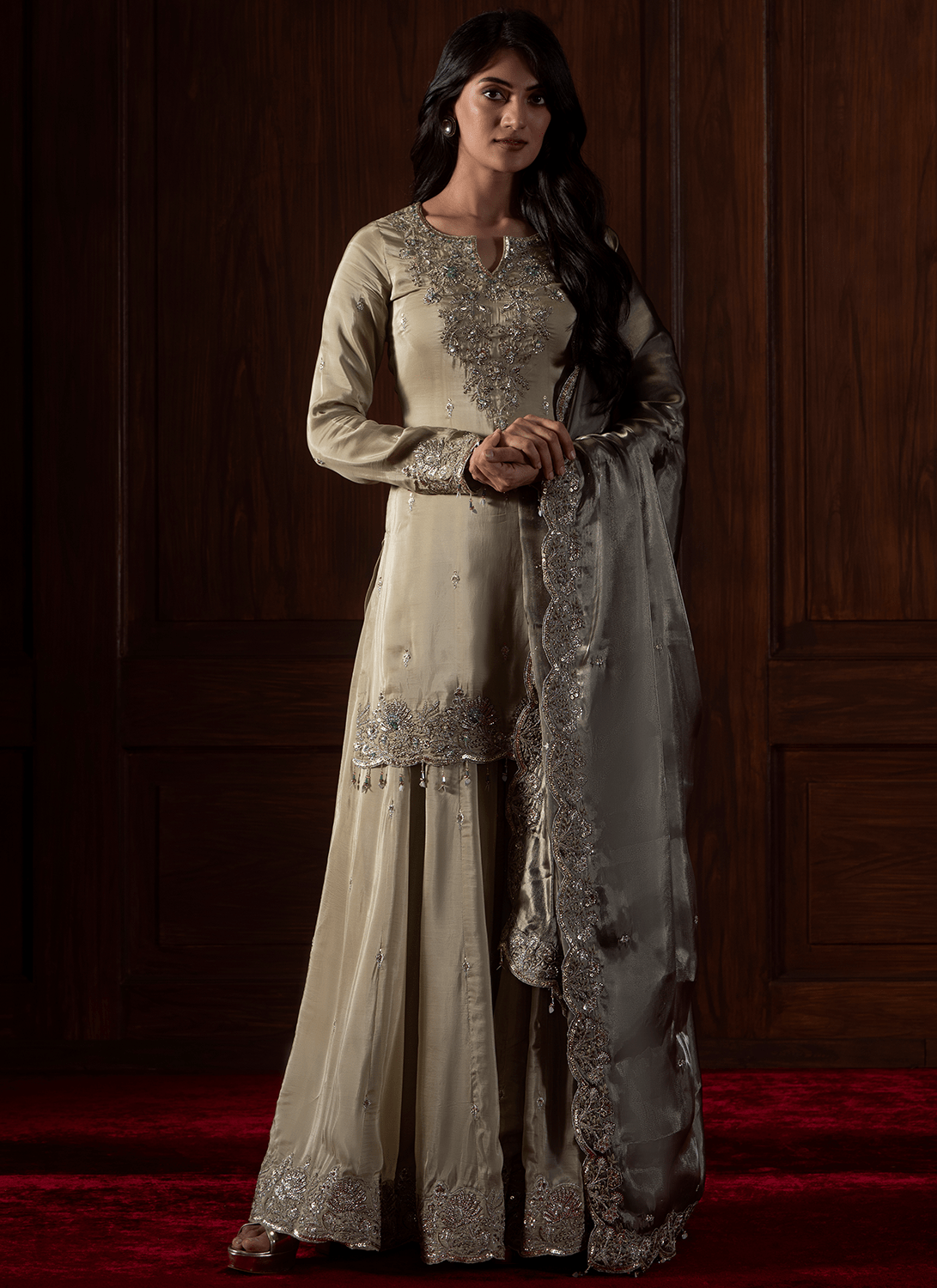 Light Green Embroidered Organza Sharara