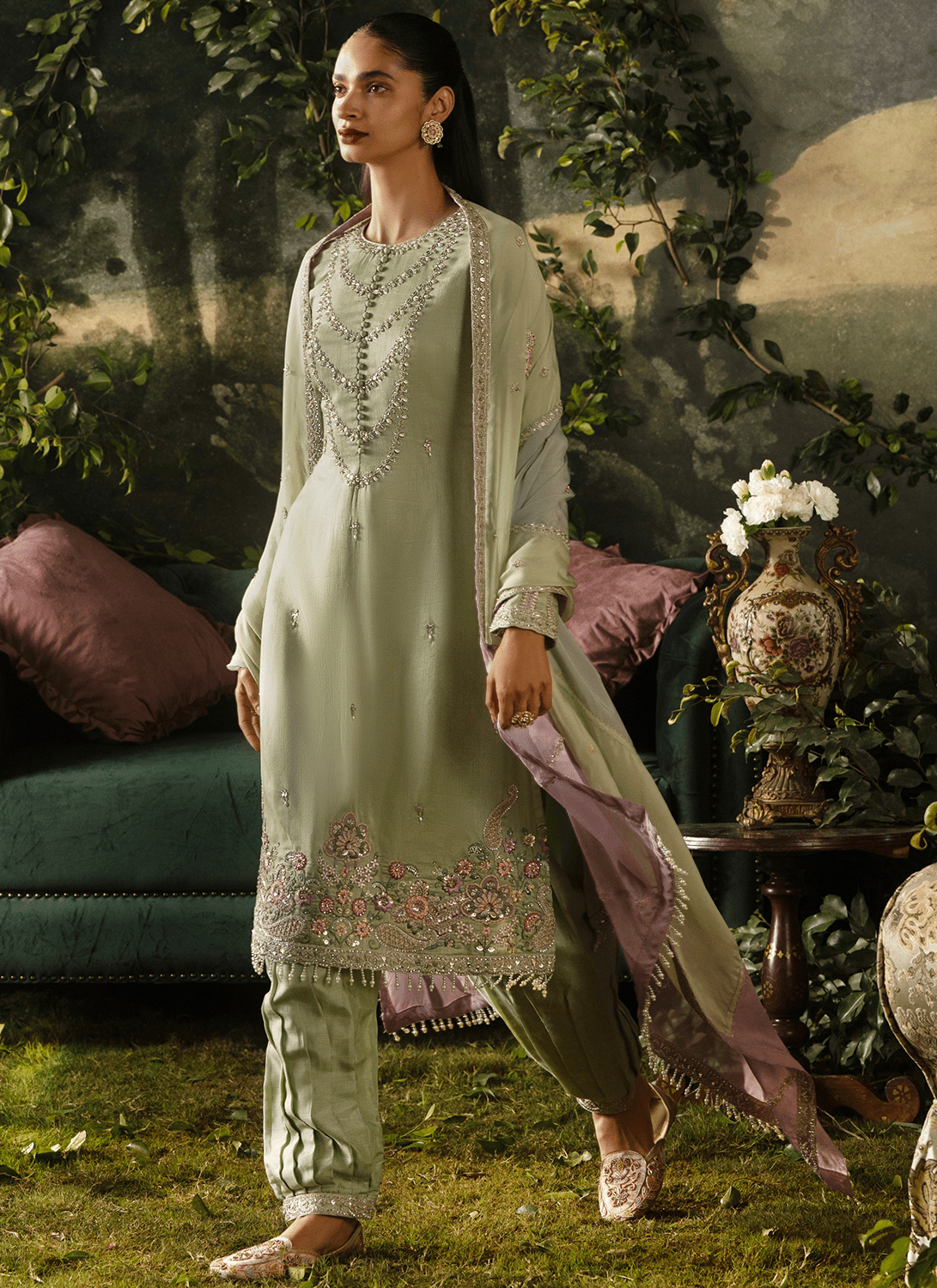 Light Green Embroidered Viscose Silk Salwar Suit