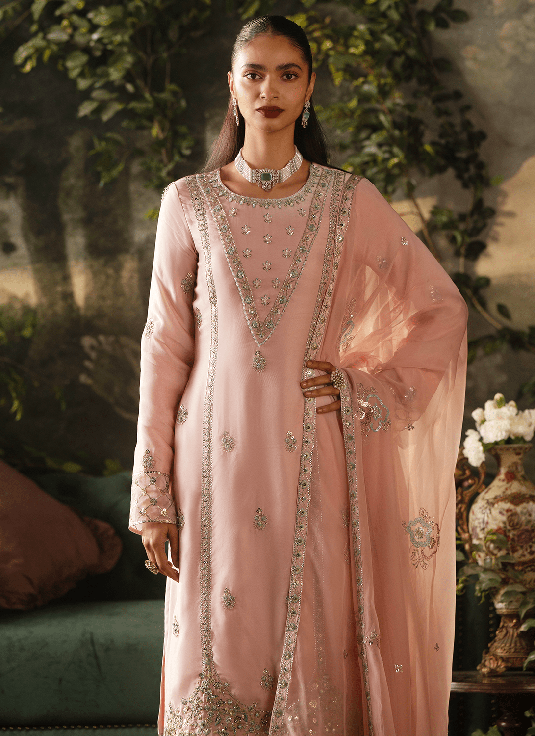 Light Pink Embroidered Crepe Palazzo Suit