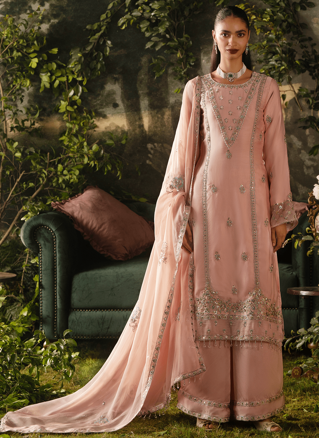 Light Pink Embroidered Crepe Palazzo Suit