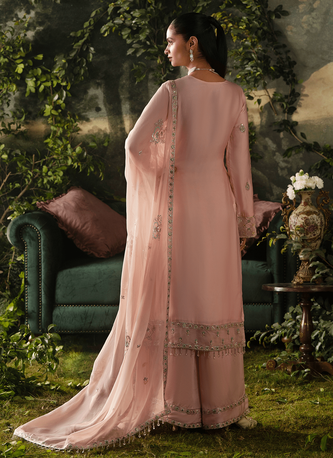 Light Pink Embroidered Crepe Palazzo Suit