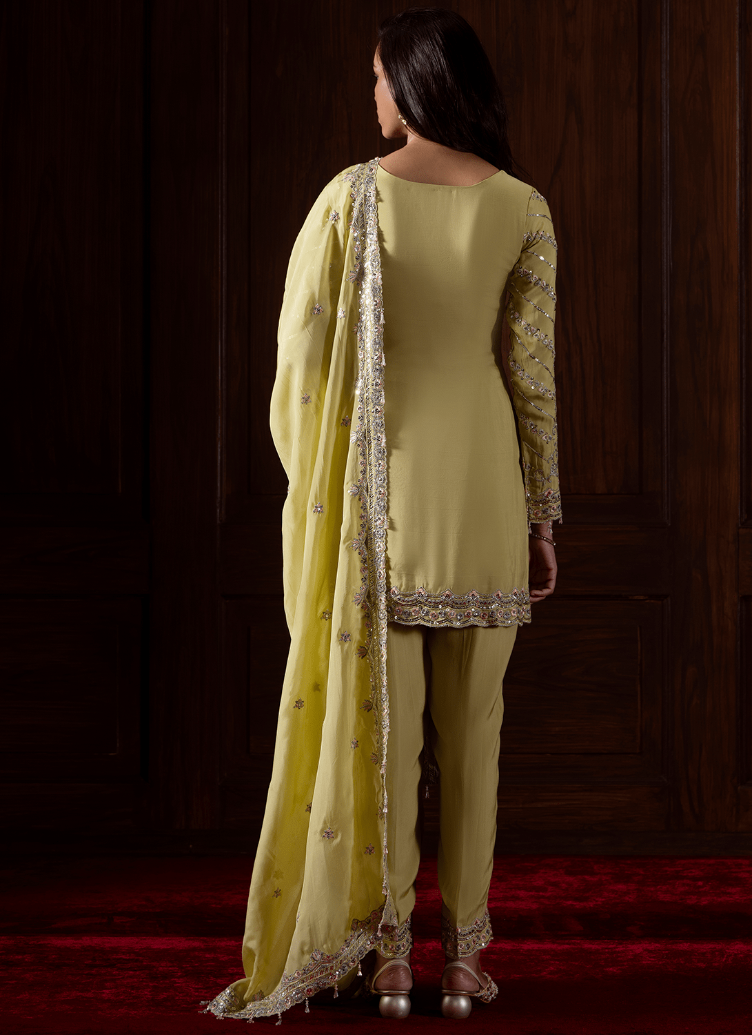 Lime Green Embroidered Viscose Organza Pant Suit