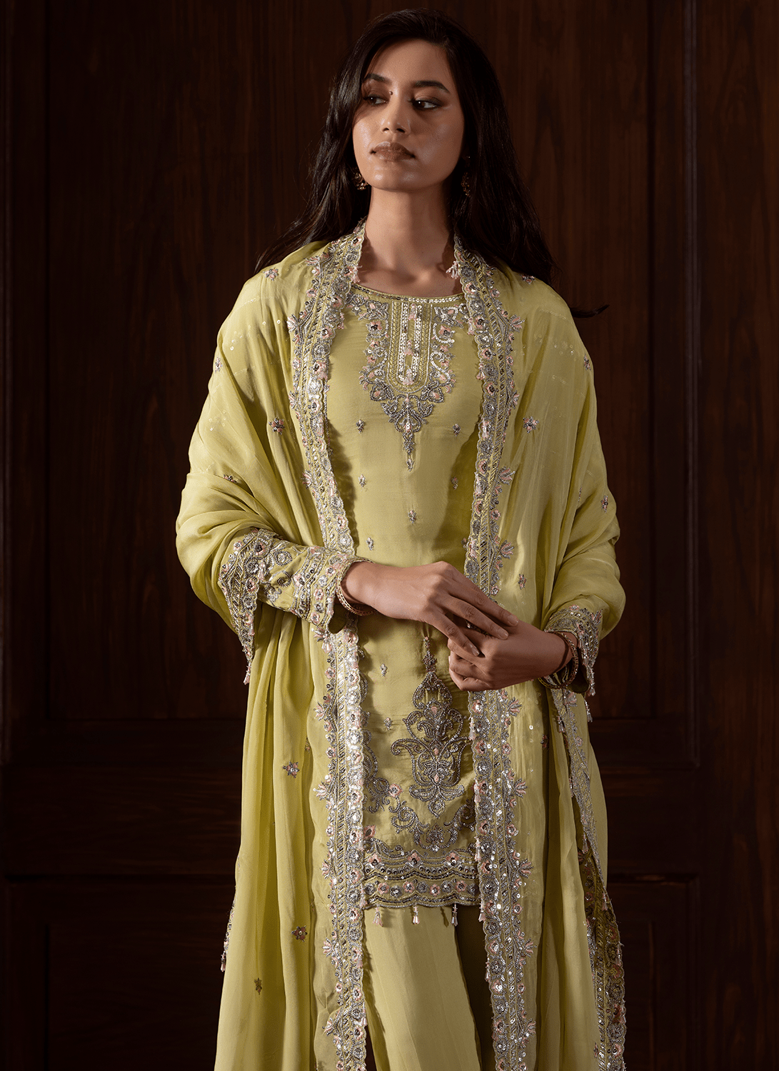 Lime Green Embroidered Viscose Organza Pant Suit