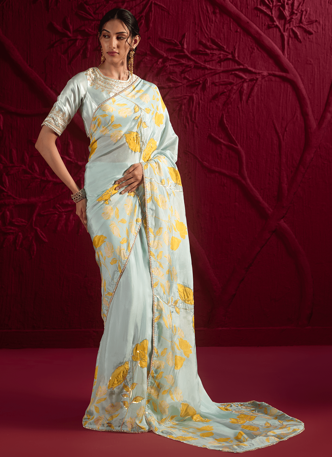 Mint Green Floral Embroidered Crepe Silk Saree