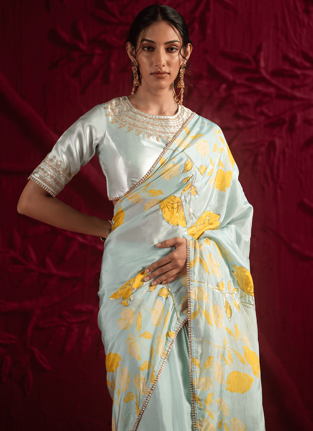 Mint Green Floral Embroidered Crepe Silk Saree