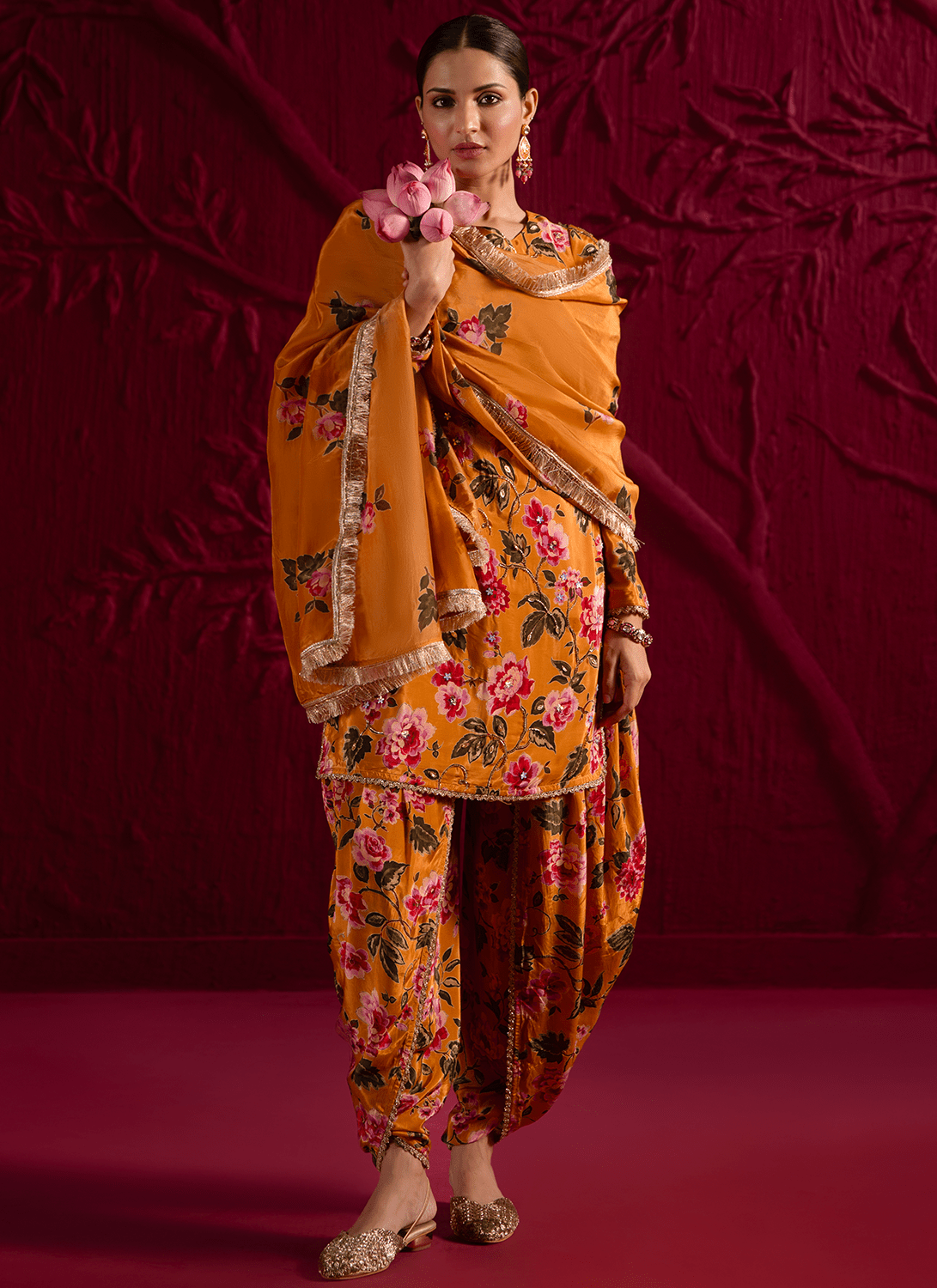 Mustard Floral Embroidered Crepe Punjabi Suit