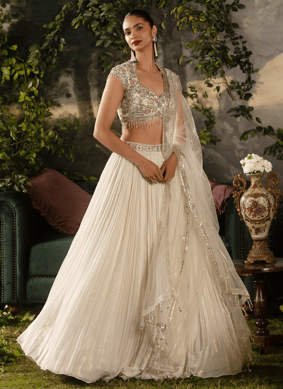 Off White Embroidered Georgette Lehenga