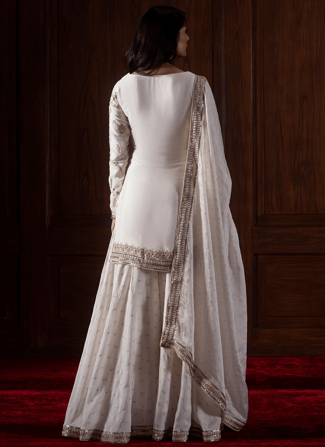 Off White Embroidered Satin Organza Sharara